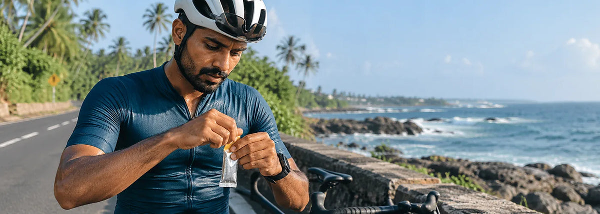 South Asian cyclist using an energy gel during endurance training in Sri Lanka