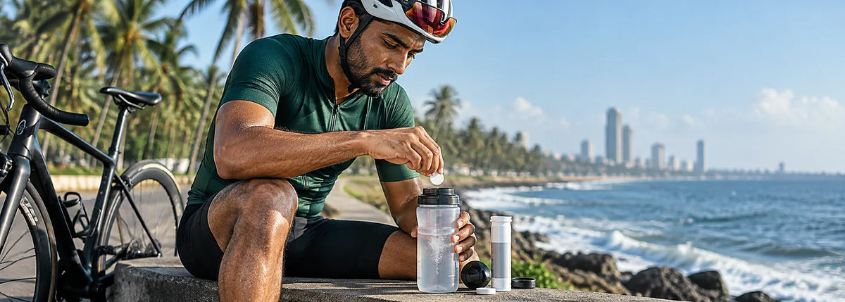 South Asian cyclist preparing electrolyte hydration during training with SiS GO Hydro Tablets