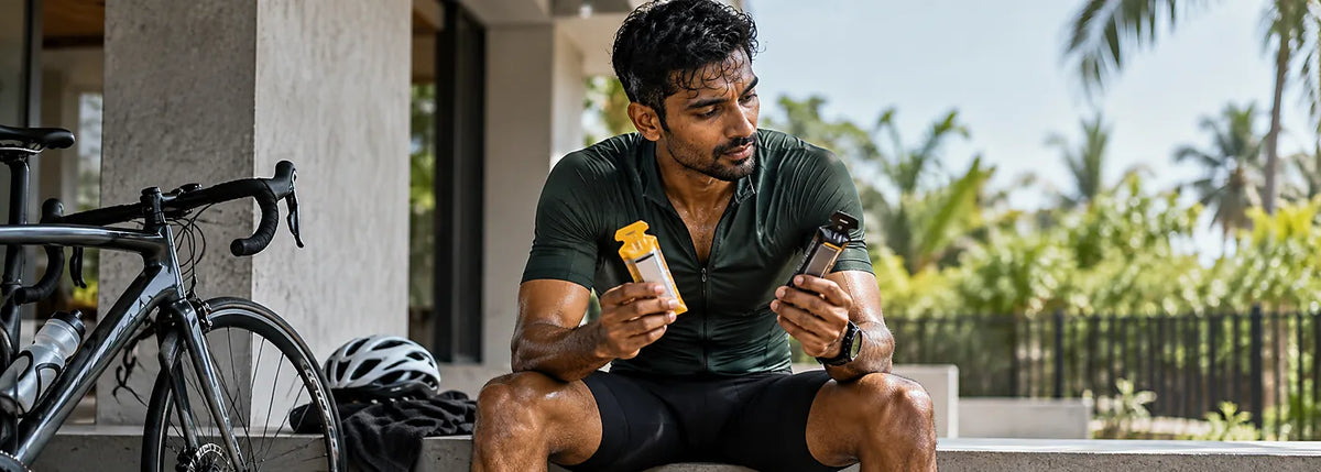 South Asian endurance athlete comparing isotonic and higher carbohydrate energy gels