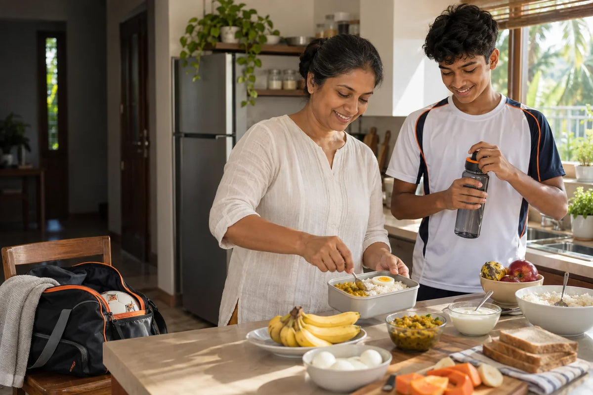 A Sri Lankan mother packing a rice and egg meal while her teenage athlete prepares a water bottle