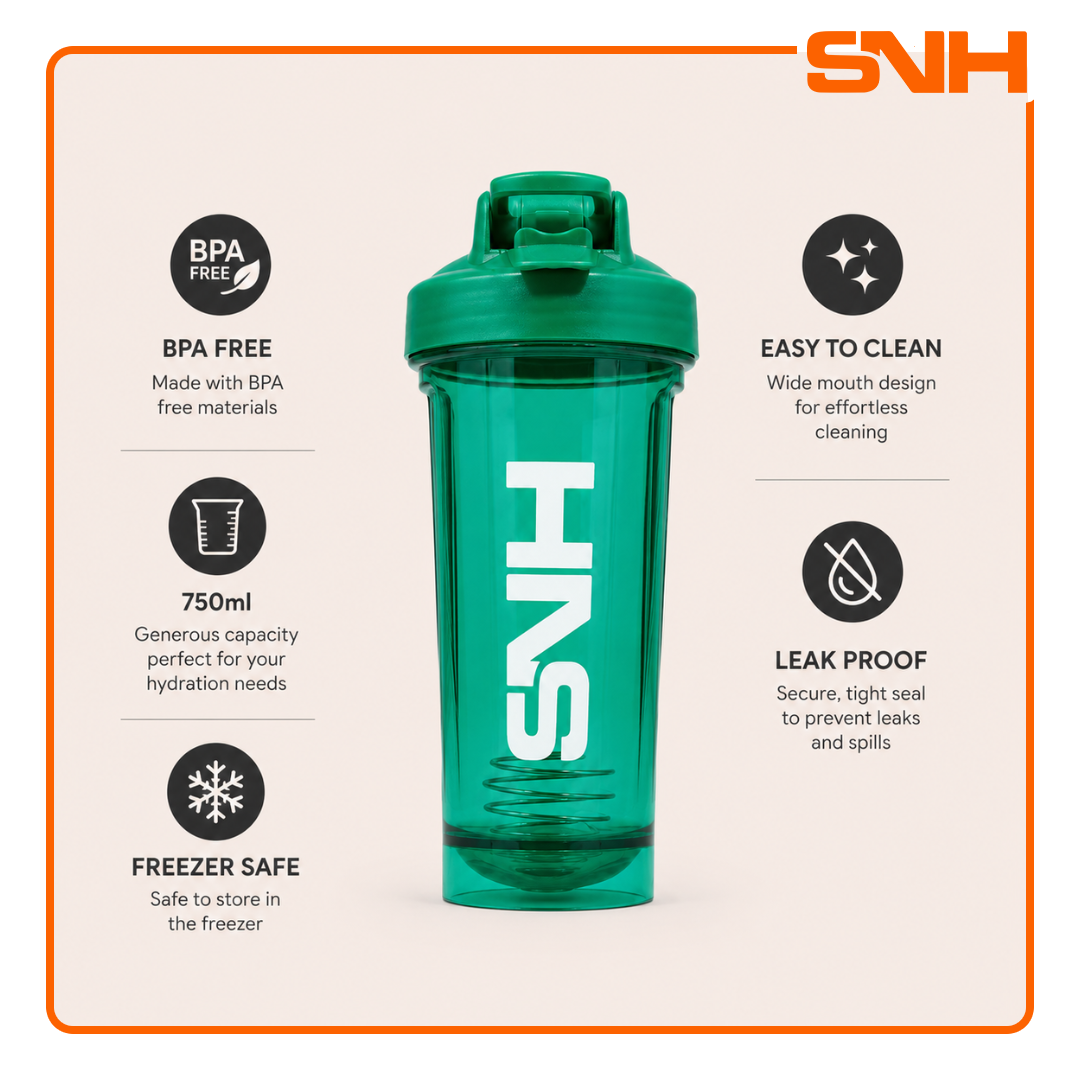 SNH 2.0 Shaker Bottle 750ml in black, BPA-free leak-proof shaker bottle for protein, pre-workout, and daily training use