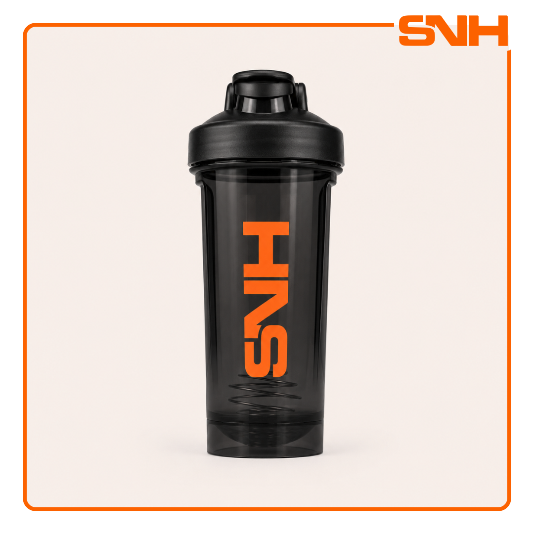 SNH 2.0 Shaker Bottle 750ml in black, BPA-free leak-proof shaker bottle for protein, pre-workout, and daily training use