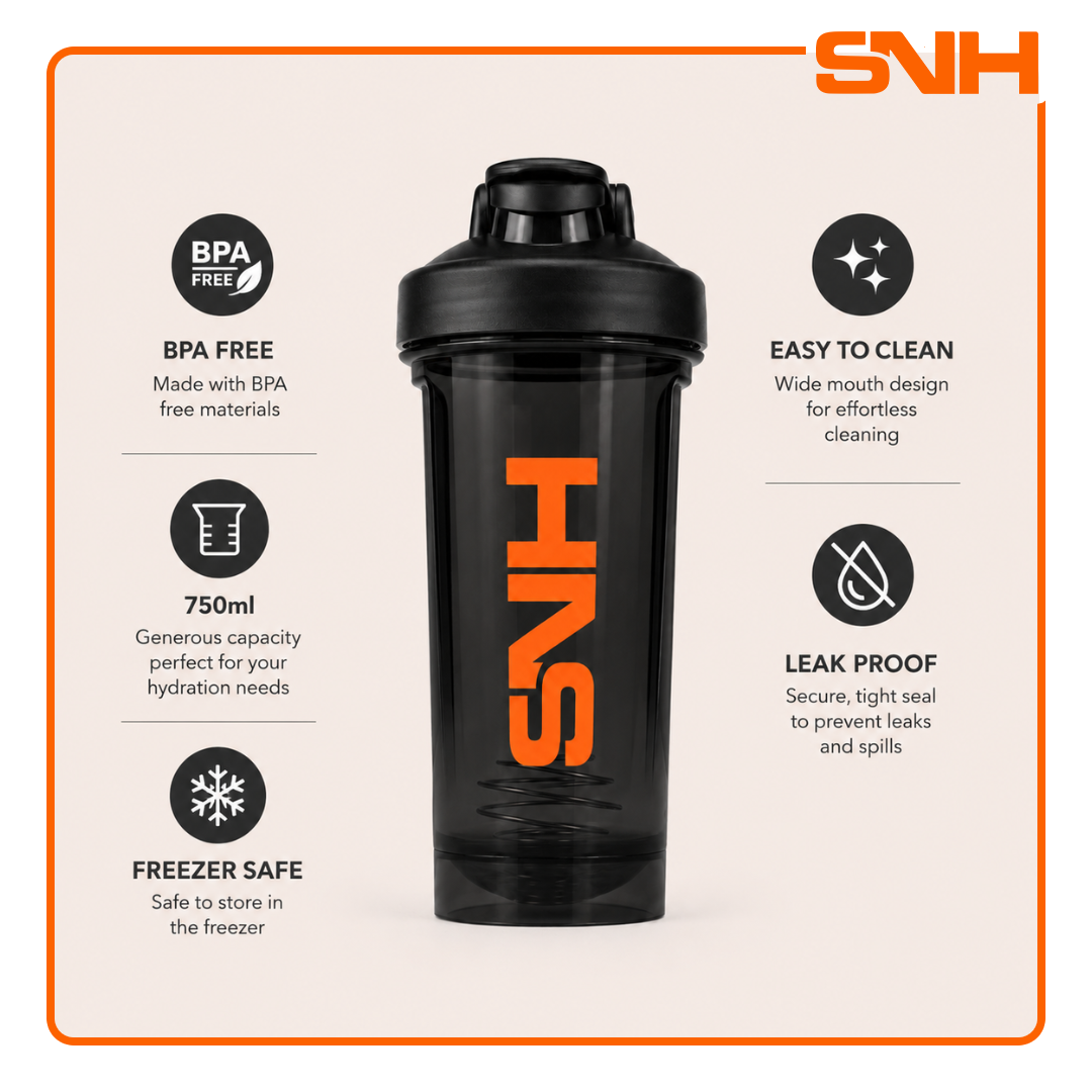 SNH 2.0 Shaker Bottle 750ml in black, BPA-free leak-proof shaker bottle for protein, pre-workout, and daily training use