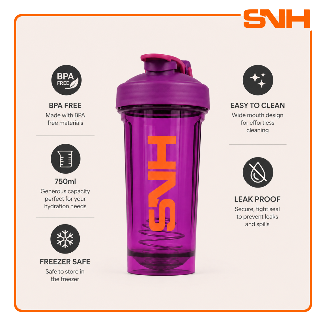 SNH 2.0 Shaker Bottle 750ml in black, BPA-free leak-proof shaker bottle for protein, pre-workout, and daily training use