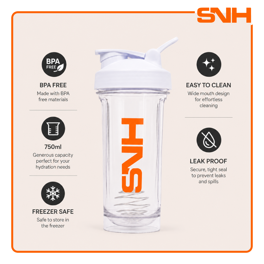 SNH 2.0 Shaker Bottle 750ml in black, BPA-free leak-proof shaker bottle for protein, pre-workout, and daily training use