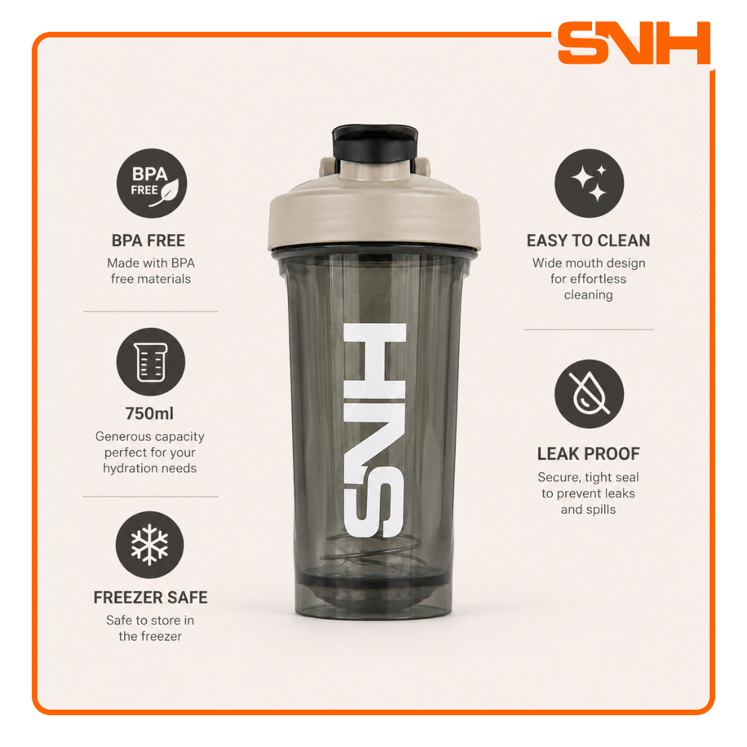 SNH 2.0 Shaker Bottle 750ml in black, BPA-free leak-proof shaker bottle for protein, pre-workout, and daily training use
