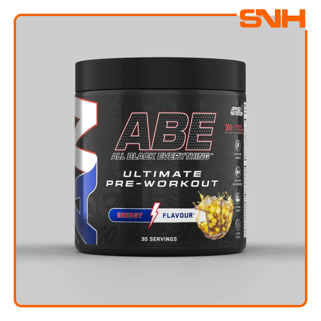 Applied Nutrition ABE All Black Everything pre-workout tub, UK-made halal pre-workout with 4g citrulline, creatine, and 200mg caffeine per serving