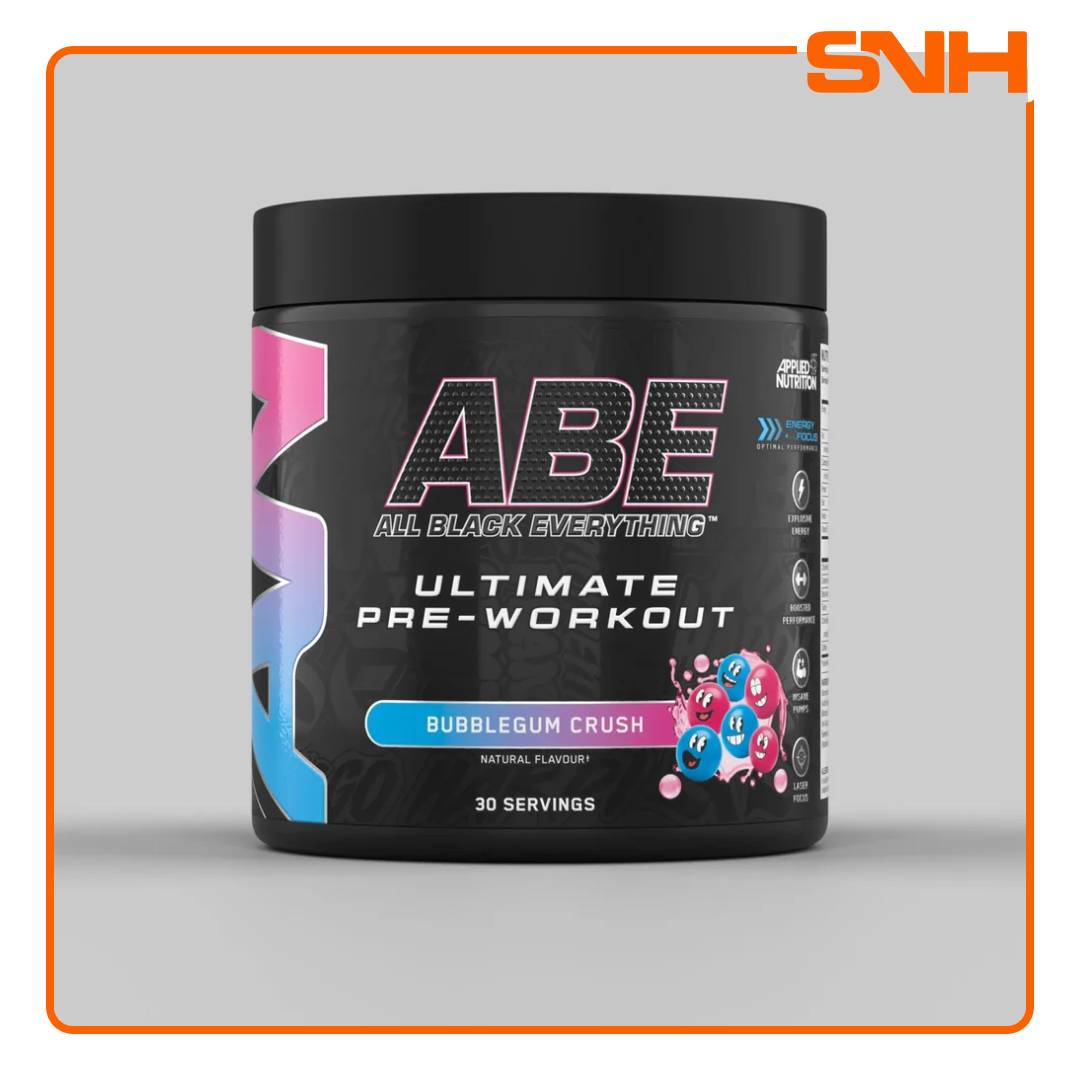 Applied Nutrition ABE All Black Everything pre-workout tub, UK-made halal pre-workout with 4g citrulline, creatine, and 200mg caffeine per serving