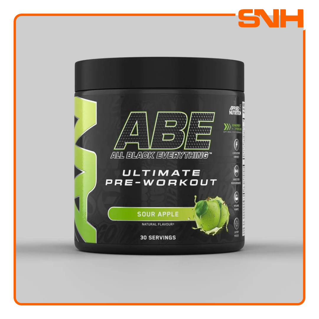 Applied Nutrition ABE All Black Everything pre-workout tub, UK-made halal pre-workout with 4g citrulline, creatine, and 200mg caffeine per serving