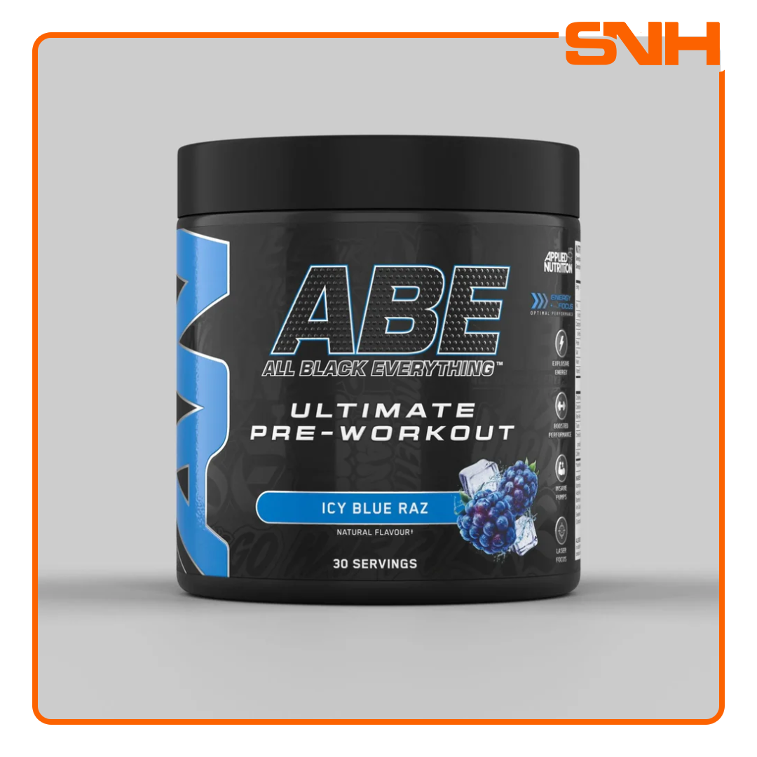 Applied Nutrition ABE All Black Everything pre-workout tub, UK-made halal pre-workout with 4g citrulline, creatine, and 200mg caffeine per serving