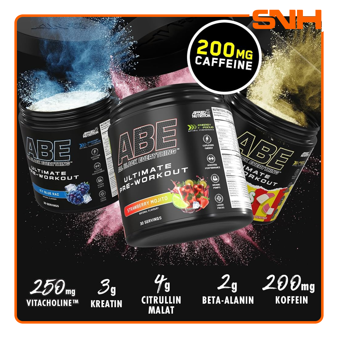 Applied Nutrition ABE All Black Everything pre-workout tub, UK-made halal pre-workout with 4g citrulline, creatine, and 200mg caffeine per serving