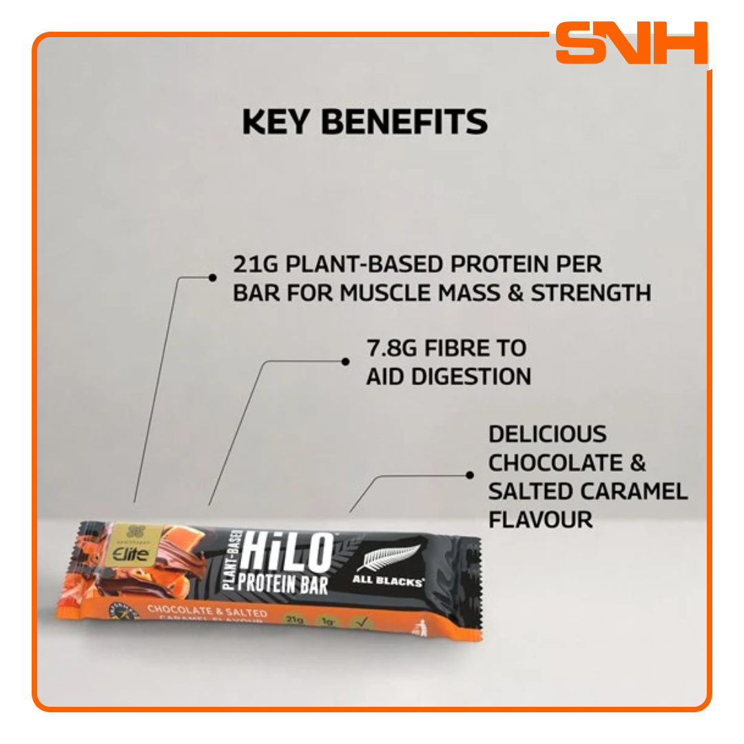 Healthspan Elite All Blacks chocolate salted caramel plant-based HiLo protein bar in Sri Lanka, 60g vegan high-protein snack