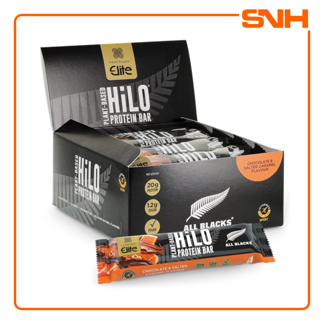 Healthspan Elite All Blacks chocolate salted caramel plant-based HiLo protein bar in Sri Lanka, 60g vegan high-protein snack