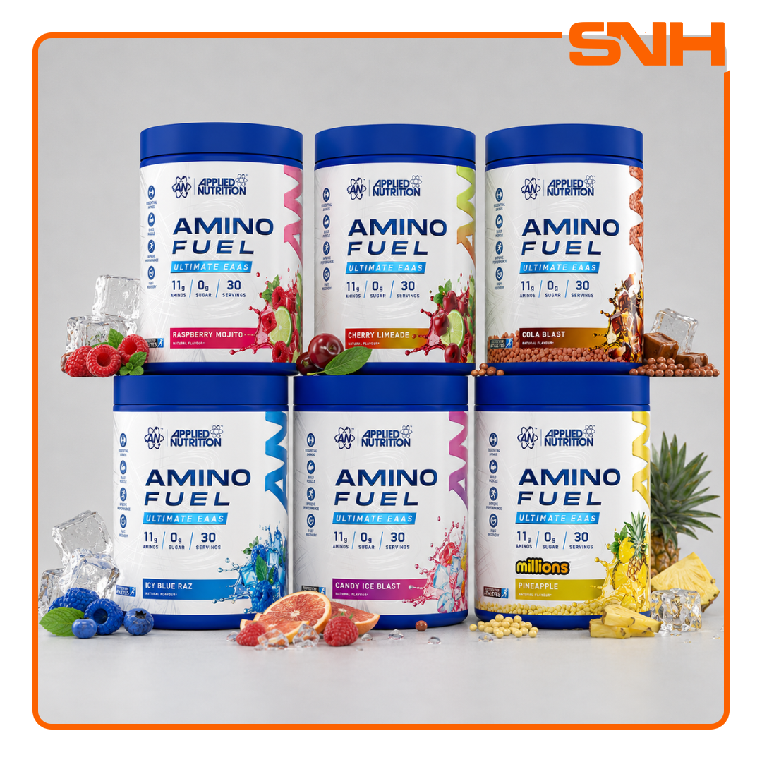 Applied Nutrition Amino Fuel EAA tub, UK-made halal essential amino acid drink with 9g EAAs and 6g BCAAs per serving for recovery