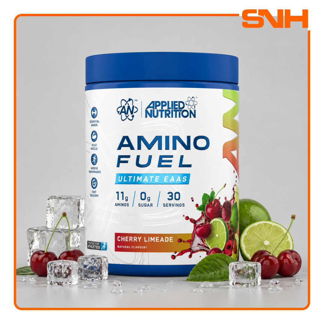 Applied Nutrition Amino Fuel EAA tub, UK-made halal essential amino acid drink with 9g EAAs and 6g BCAAs per serving for recovery