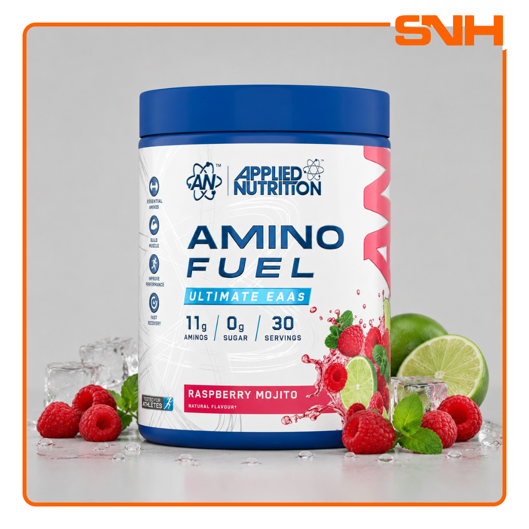 Applied Nutrition Amino Fuel EAA tub, UK-made halal essential amino acid drink with 9g EAAs and 6g BCAAs per serving for recovery