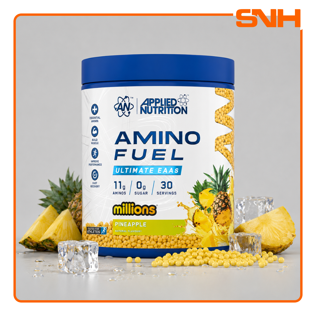 Applied Nutrition Amino Fuel EAA tub, UK-made halal essential amino acid drink with 9g EAAs and 6g BCAAs per serving for recovery