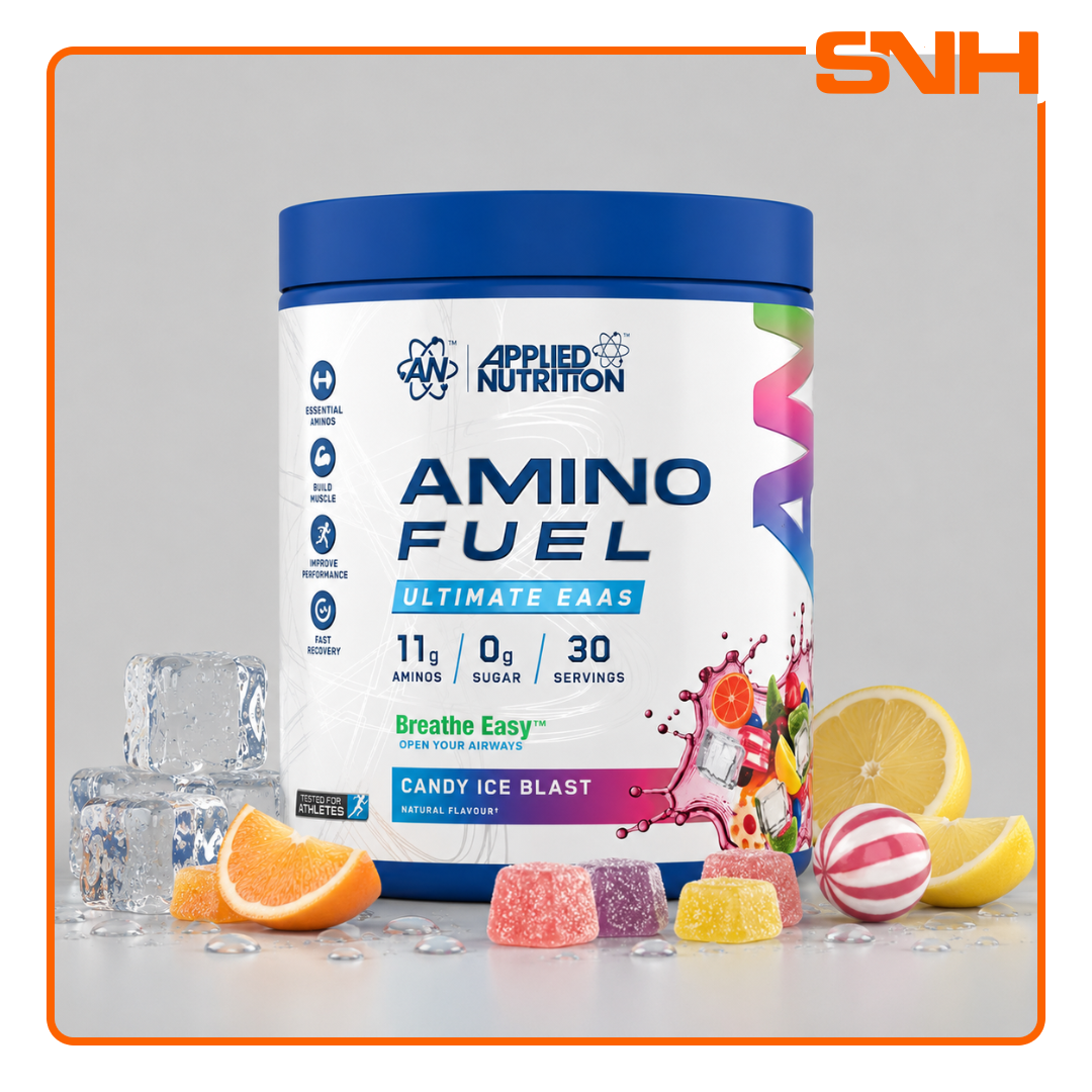 Applied Nutrition Amino Fuel EAA tub, UK-made halal essential amino acid drink with 9g EAAs and 6g BCAAs per serving for recovery