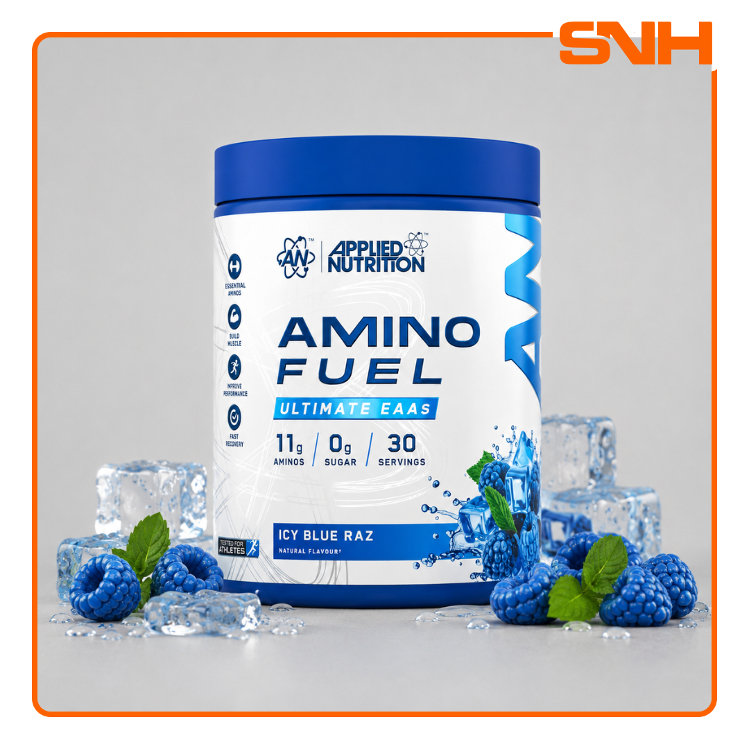 Applied Nutrition Amino Fuel EAA tub, UK-made halal essential amino acid drink with 9g EAAs and 6g BCAAs per serving for recovery