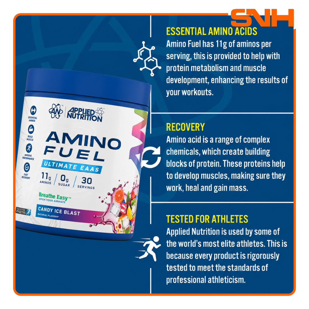 Applied Nutrition Amino Fuel EAA tub, UK-made halal essential amino acid drink with 9g EAAs and 6g BCAAs per serving for recovery