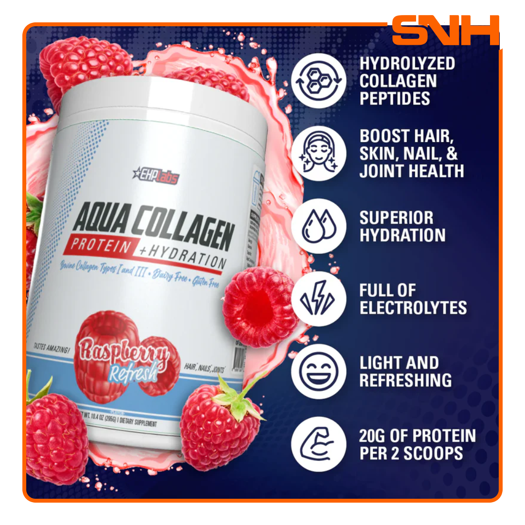 EHPlabs Aqua Collagen Protein + Hydration tub, fruit-flavoured collagen drink with 22g bovine collagen peptides and coconut water electrolytes