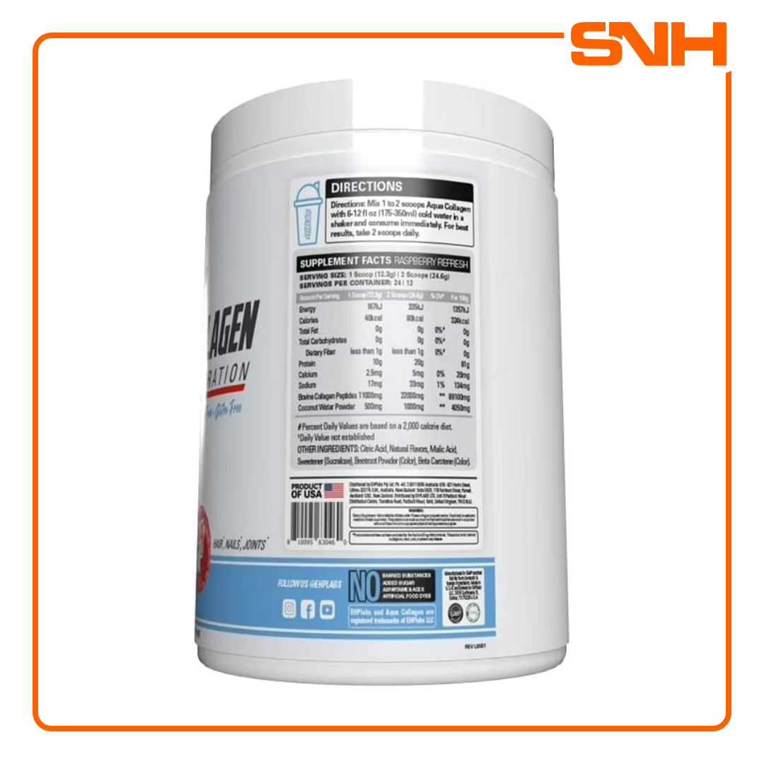 EHPlabs Aqua Collagen Protein + Hydration tub, fruit-flavoured collagen drink with 22g bovine collagen peptides and coconut water electrolytes
