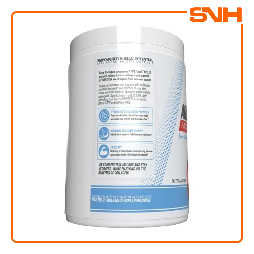 EHPlabs Aqua Collagen Protein + Hydration tub, fruit-flavoured collagen drink with 22g bovine collagen peptides and coconut water electrolytes