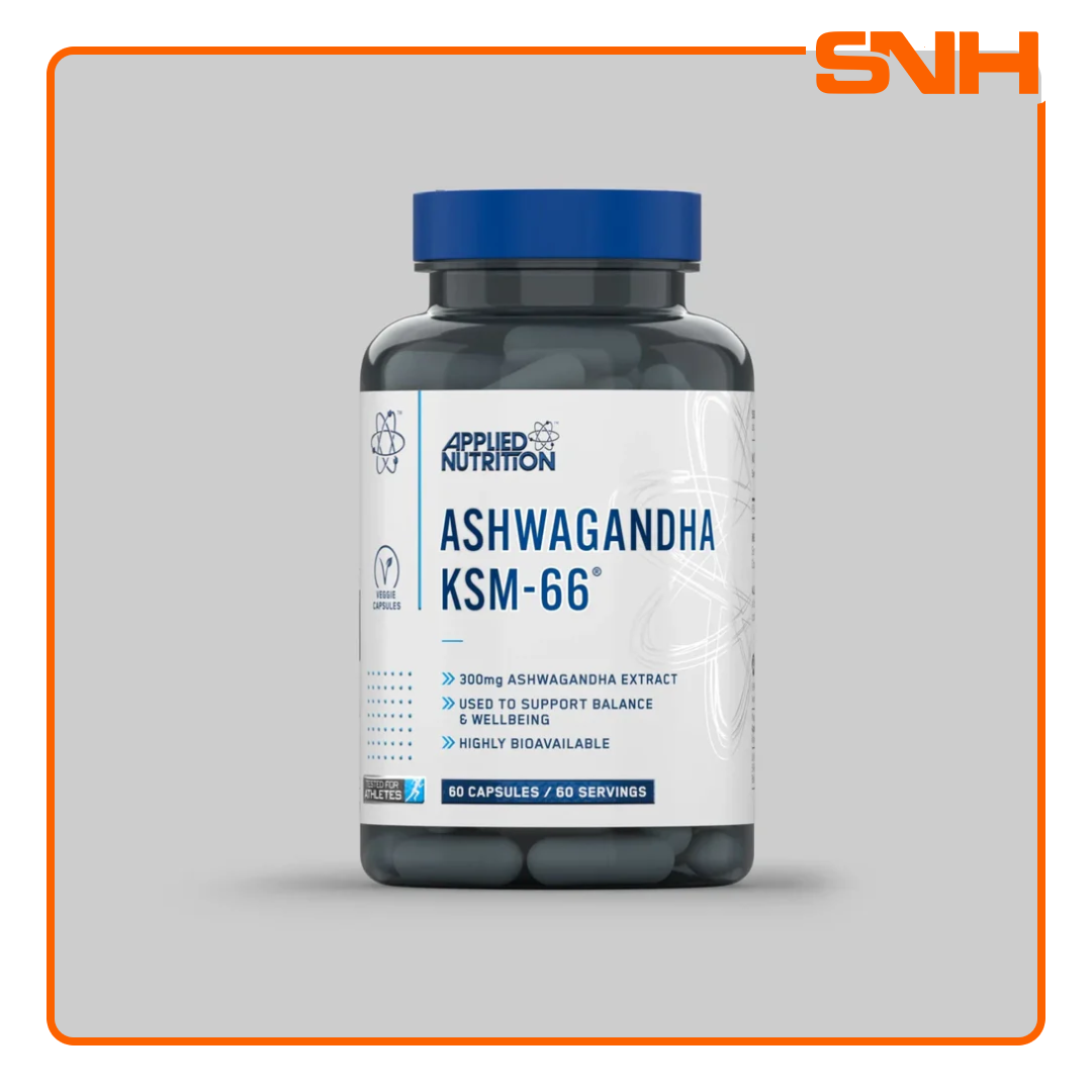 Applied Nutrition Ashwagandha KSM-66 capsules bottle, UK-made halal stress relief supplement with clinical-grade KSM-66 Ashwagandha root extract