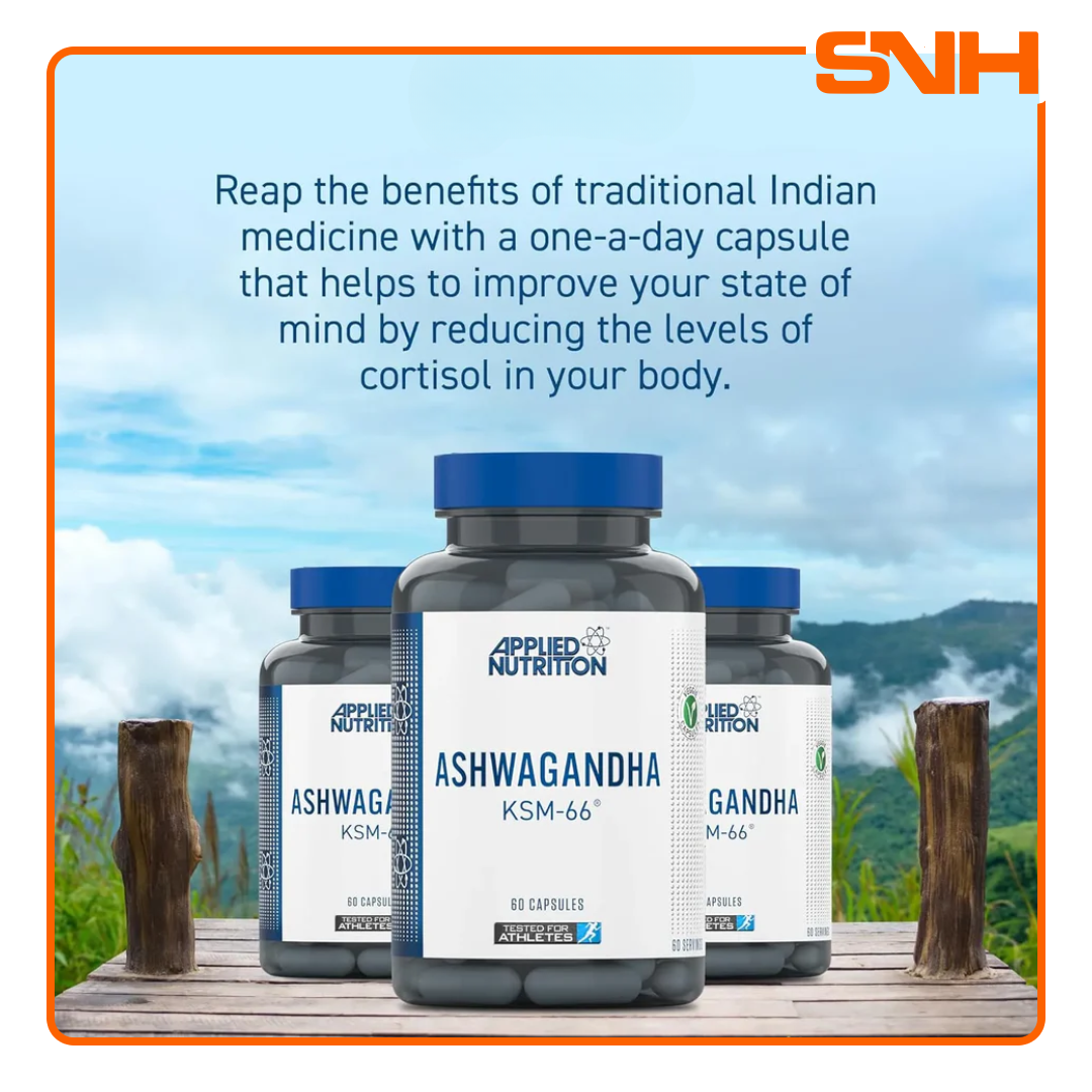 Applied Nutrition Ashwagandha KSM-66 capsules bottle, UK-made halal stress relief supplement with clinical-grade KSM-66 Ashwagandha root extract