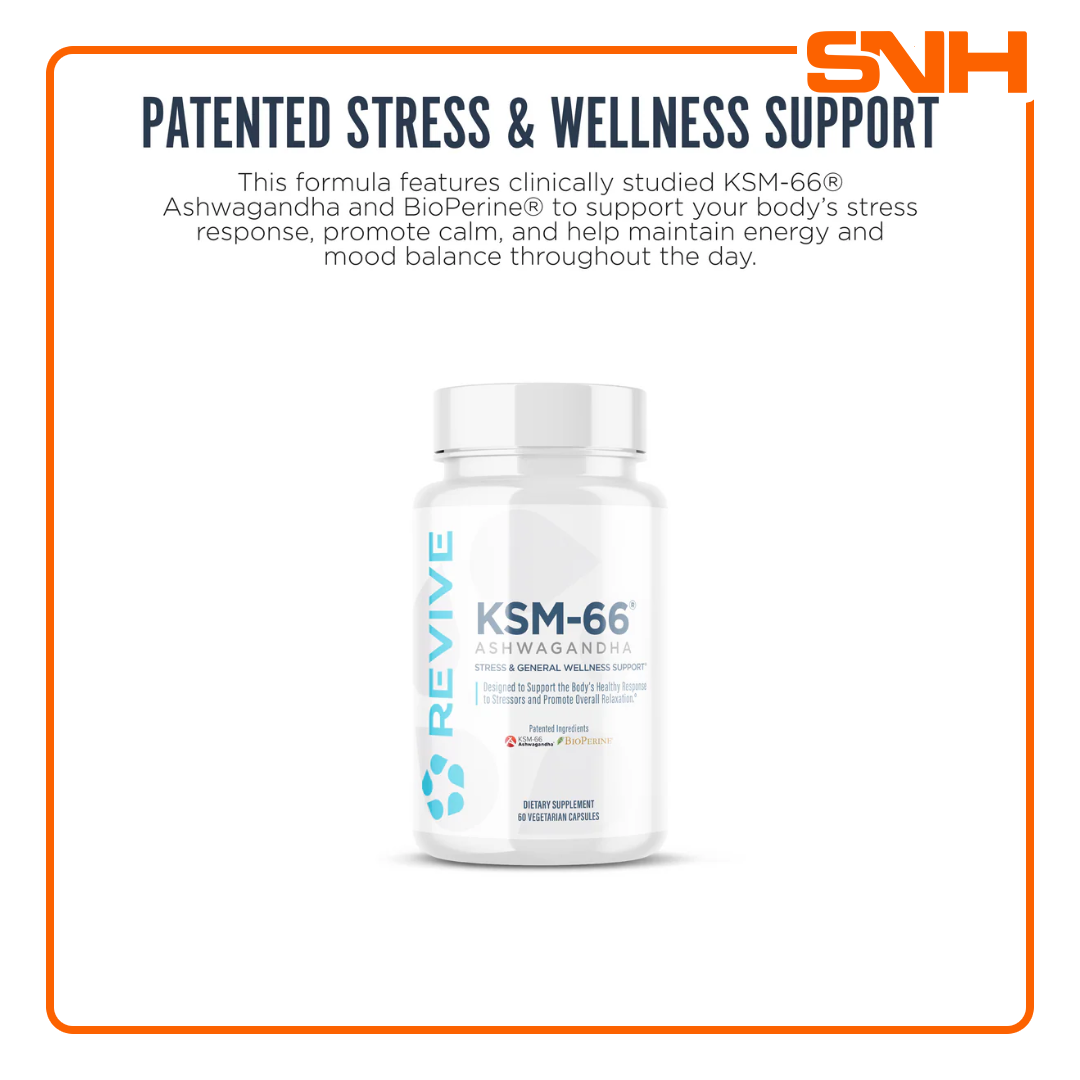 Revive Ashwagandha KSM-66 supplement bottle, US-made clinical-grade ashwagandha capsules with BioPerine for stress and recovery support