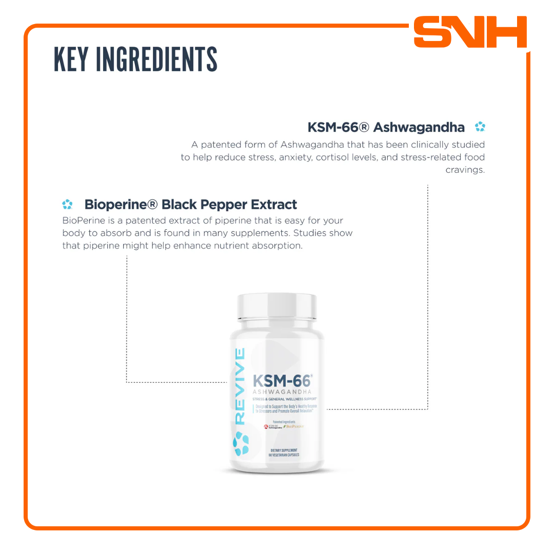 Revive Ashwagandha KSM-66 supplement bottle, US-made clinical-grade ashwagandha capsules with BioPerine for stress and recovery support