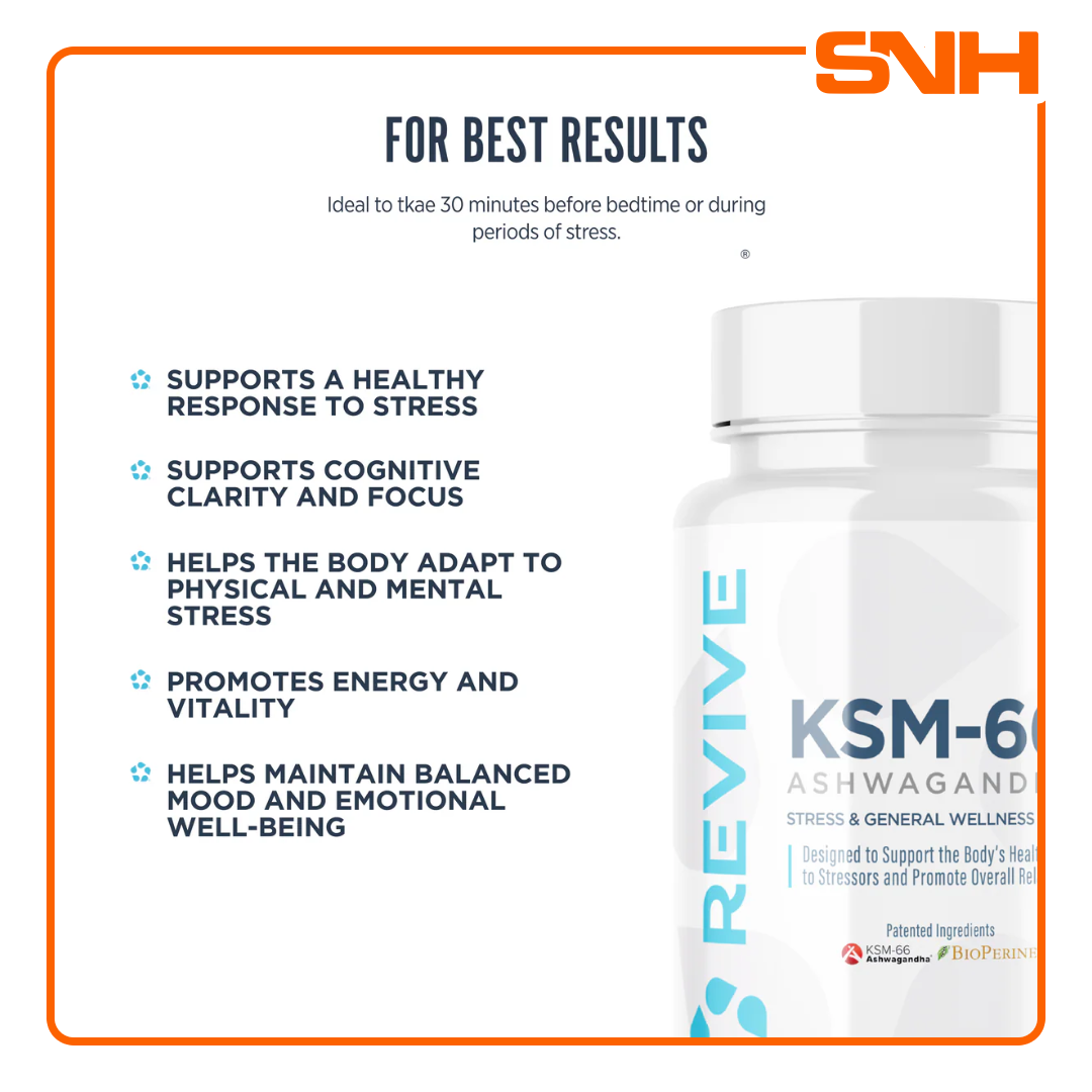 Revive Ashwagandha KSM-66 supplement bottle, US-made clinical-grade ashwagandha capsules with BioPerine for stress and recovery support