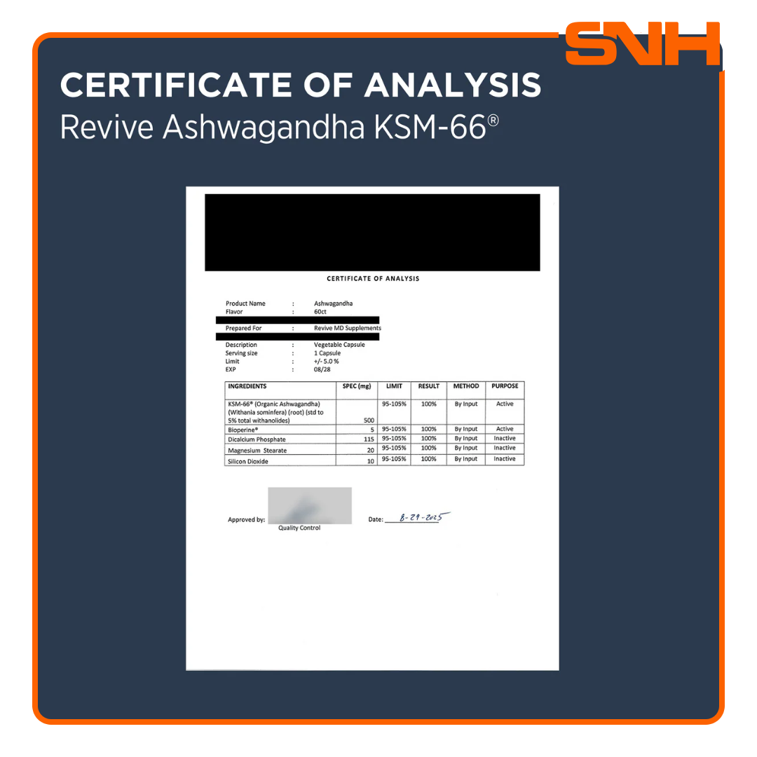 Revive Ashwagandha KSM-66 supplement bottle, US-made clinical-grade ashwagandha capsules with BioPerine for stress and recovery support