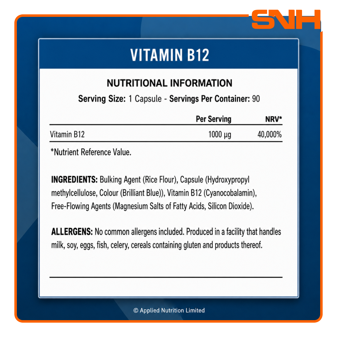 Applied Nutrition Vitamin B12 tablets bottle, UK-made halal vegan-friendly vitamin B12 supplement for energy, fatigue reduction, and red blood cells.