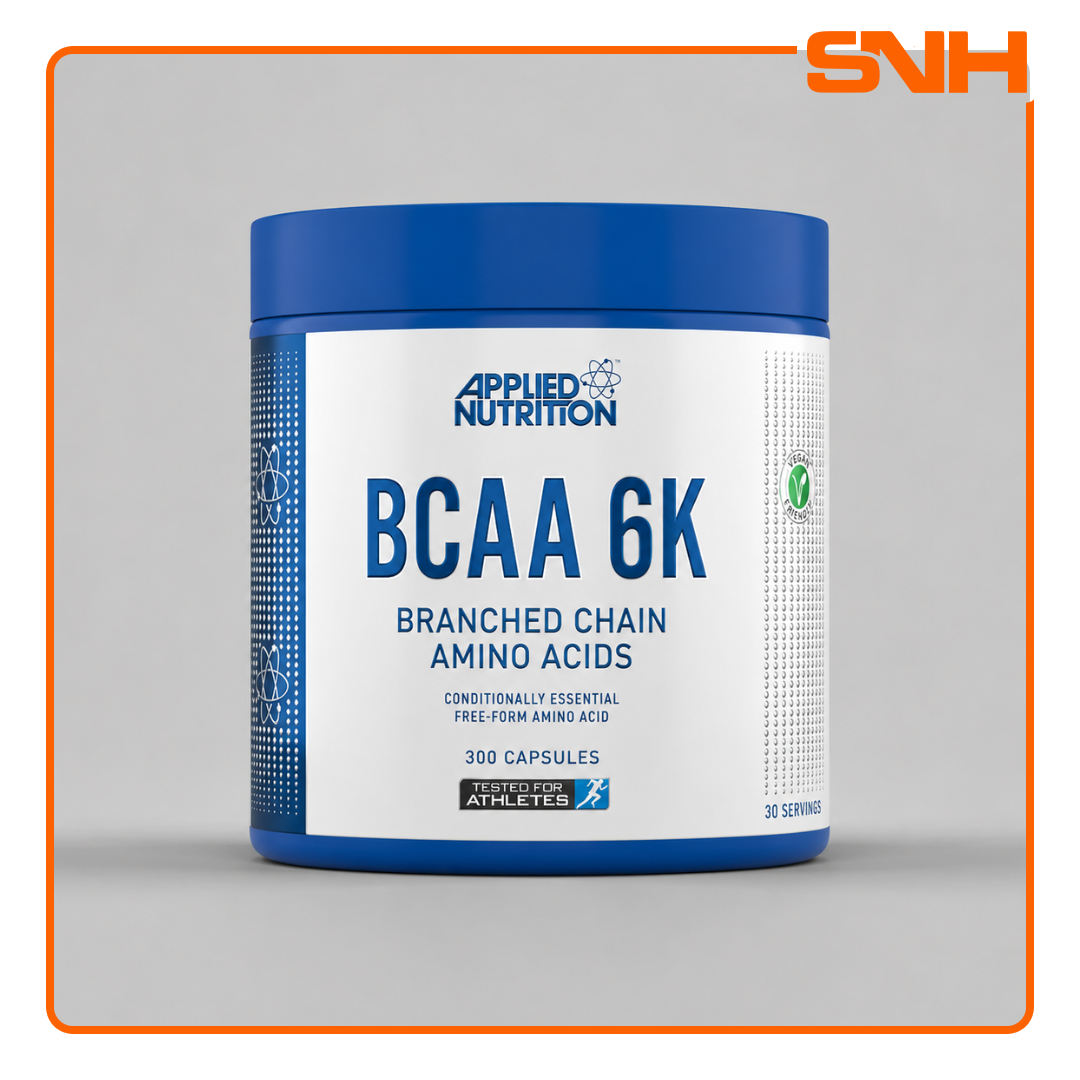 Applied Nutrition BCAA 6K Capsules bottle, UK-made daily BCAA supplement with 6g of branched-chain amino acids in 2:1:1 ratio