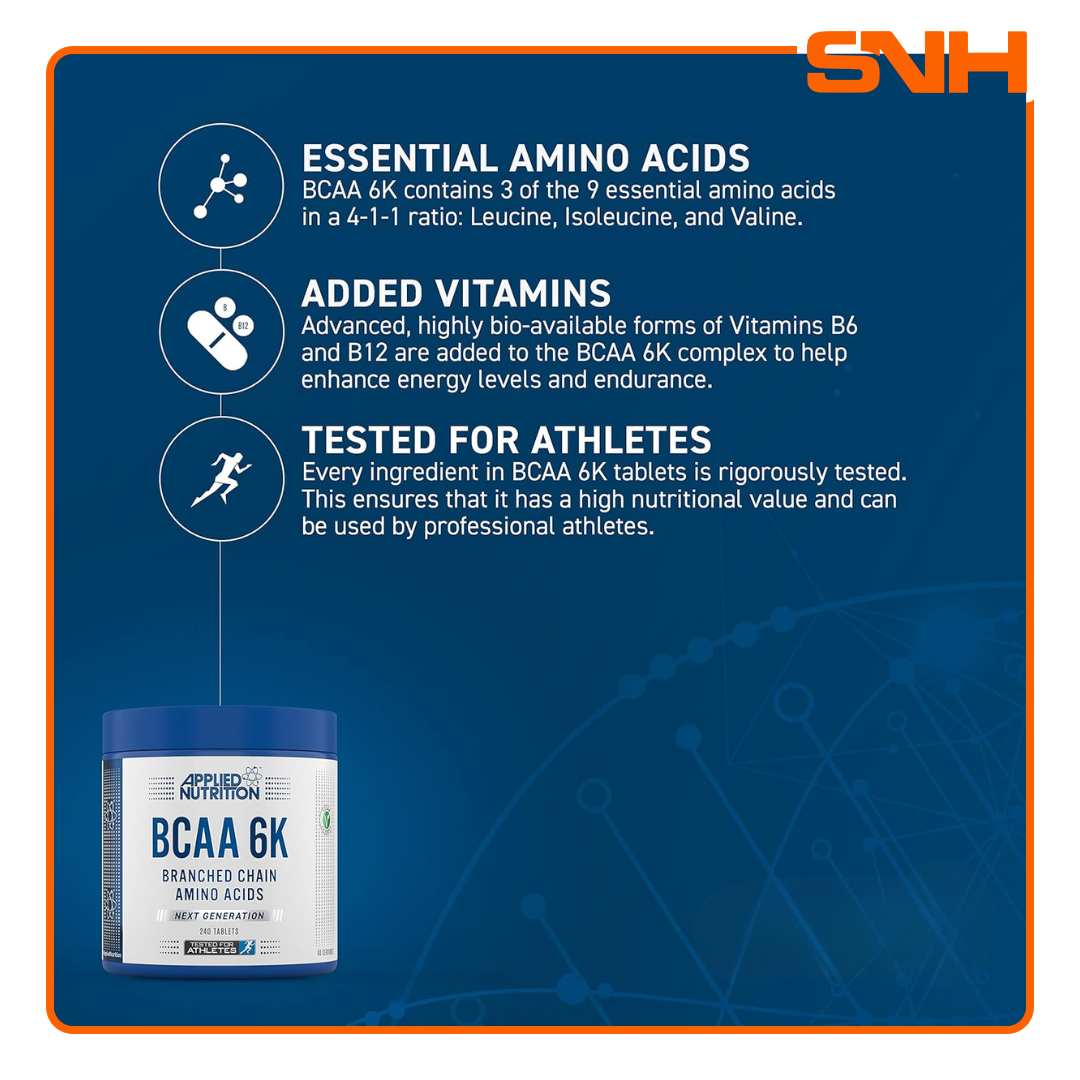 Applied Nutrition BCAA 6K Capsules bottle, UK-made daily BCAA supplement with 6g of branched-chain amino acids in 2:1:1 ratio