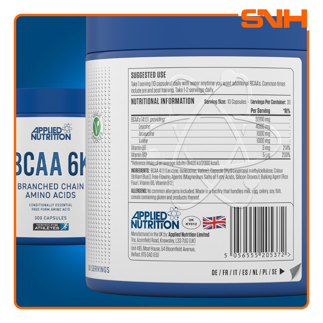 Applied Nutrition BCAA 6K Capsules bottle, UK-made daily BCAA supplement with 6g of branched-chain amino acids in 2:1:1 ratio