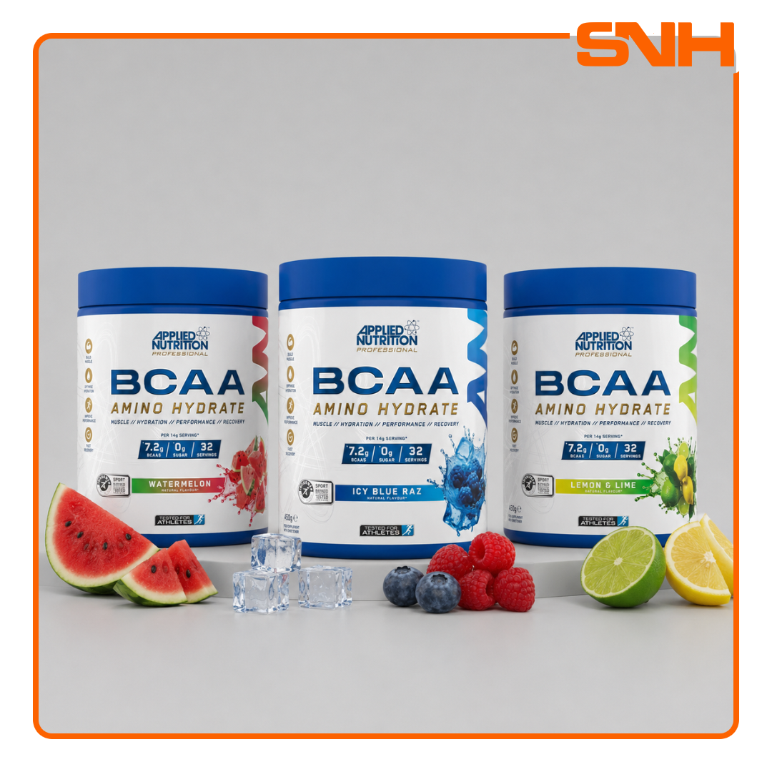 Applied Nutrition BCAA Amino Hydrate tub, UK-made Informed Sport recovery supplement with 7.2g BCAAs, electrolytes, and citrulline per serving
