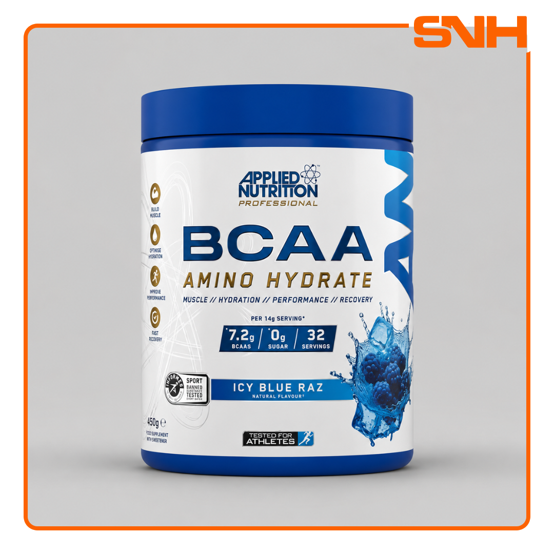 Applied Nutrition BCAA Amino Hydrate tub, UK-made Informed Sport recovery supplement with 7.2g BCAAs, electrolytes, and citrulline per serving