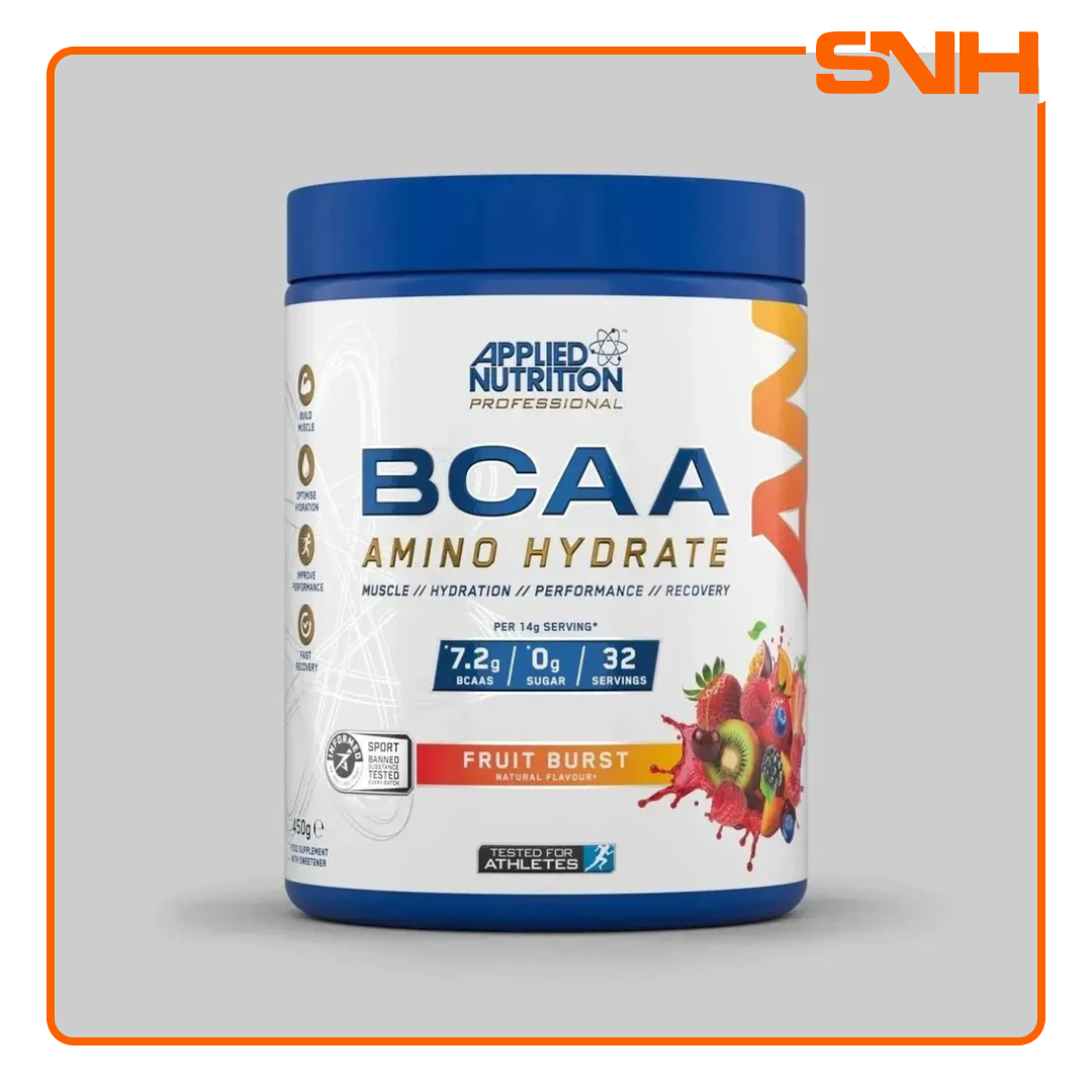 Applied Nutrition BCAA Amino Hydrate tub, UK-made Informed Sport recovery supplement with 7.2g BCAAs, electrolytes, and citrulline per serving