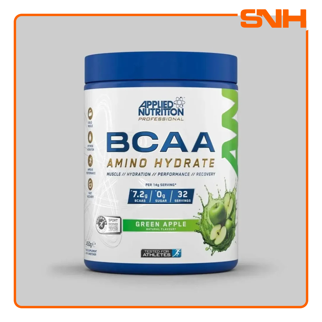 Applied Nutrition BCAA Amino Hydrate tub, UK-made Informed Sport recovery supplement with 7.2g BCAAs, electrolytes, and citrulline per serving