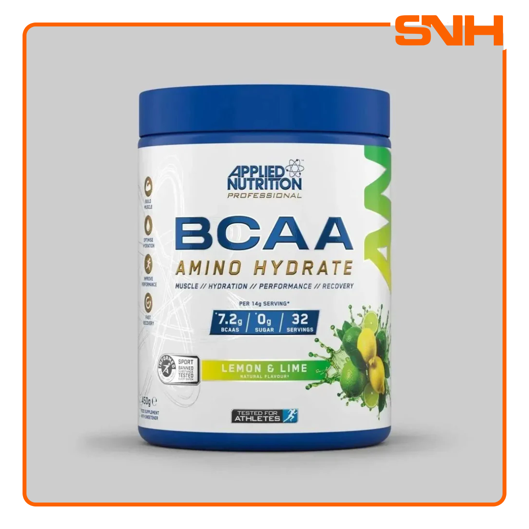 Applied Nutrition BCAA Amino Hydrate tub, UK-made Informed Sport recovery supplement with 7.2g BCAAs, electrolytes, and citrulline per serving