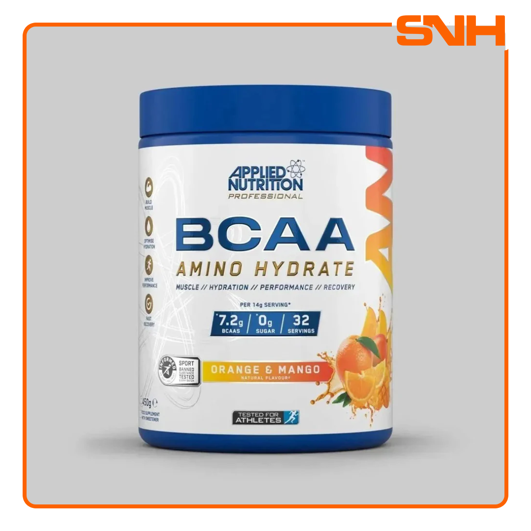 Applied Nutrition BCAA Amino Hydrate tub, UK-made Informed Sport recovery supplement with 7.2g BCAAs, electrolytes, and citrulline per serving