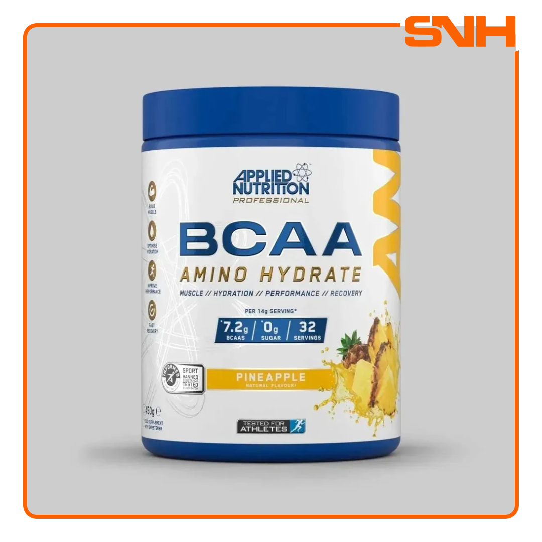 Applied Nutrition BCAA Amino Hydrate tub, UK-made Informed Sport recovery supplement with 7.2g BCAAs, electrolytes, and citrulline per serving