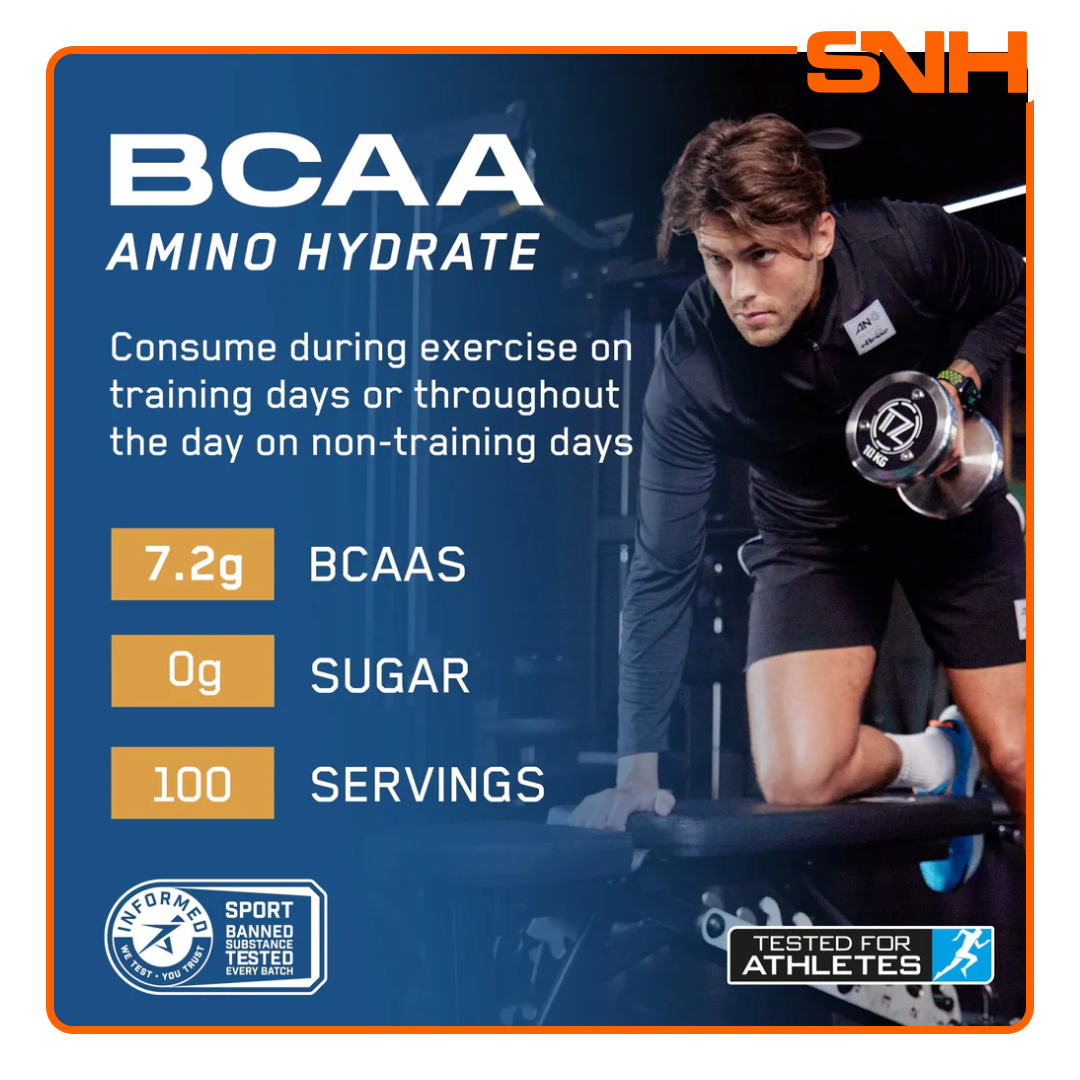 Applied Nutrition BCAA Amino Hydrate tub, UK-made Informed Sport recovery supplement with 7.2g BCAAs, electrolytes, and citrulline per serving