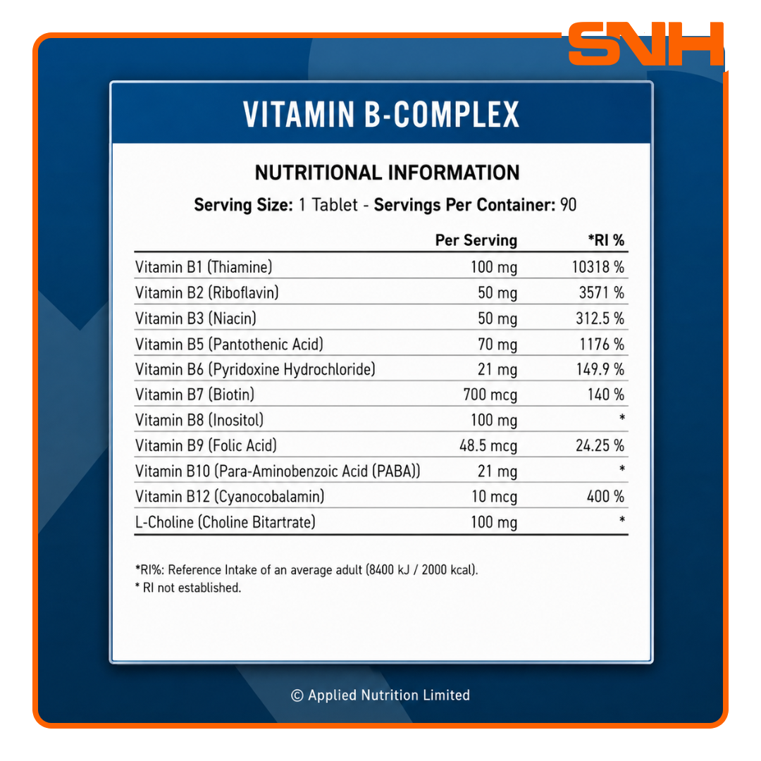 Applied Nutrition Vitamin-B Complex tablets bottle, UK-made halal high-potency vitamin B complex with 7 B vitamins plus Biotin and Inositol