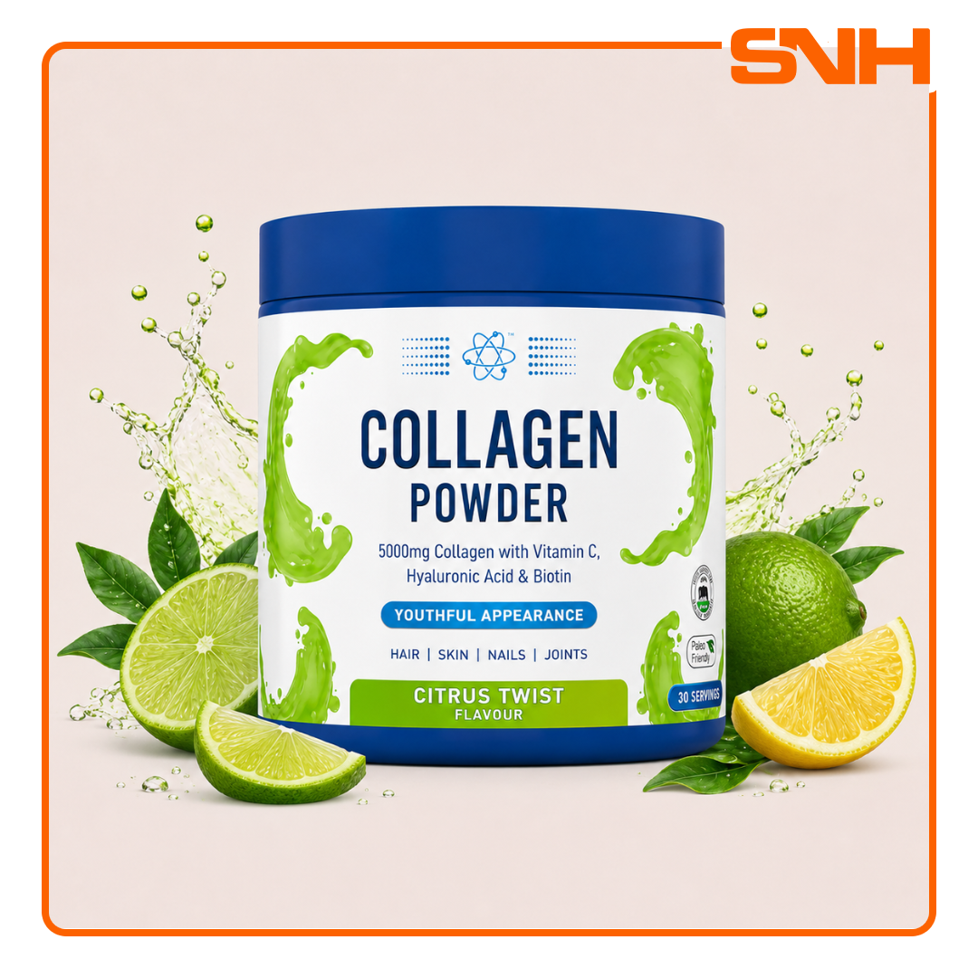 Applied Nutrition Beauty Collagen powder tub, UK-made halal collagen beauty supplement with 5000mg collagen, vitamin C, hyaluronic acid, and biotin