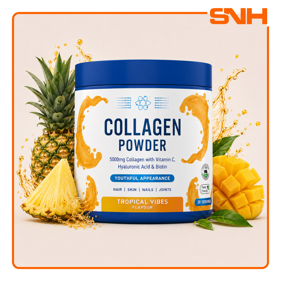 Applied Nutrition Beauty Collagen powder tub, UK-made halal collagen beauty supplement with 5000mg collagen, vitamin C, hyaluronic acid, and biotin