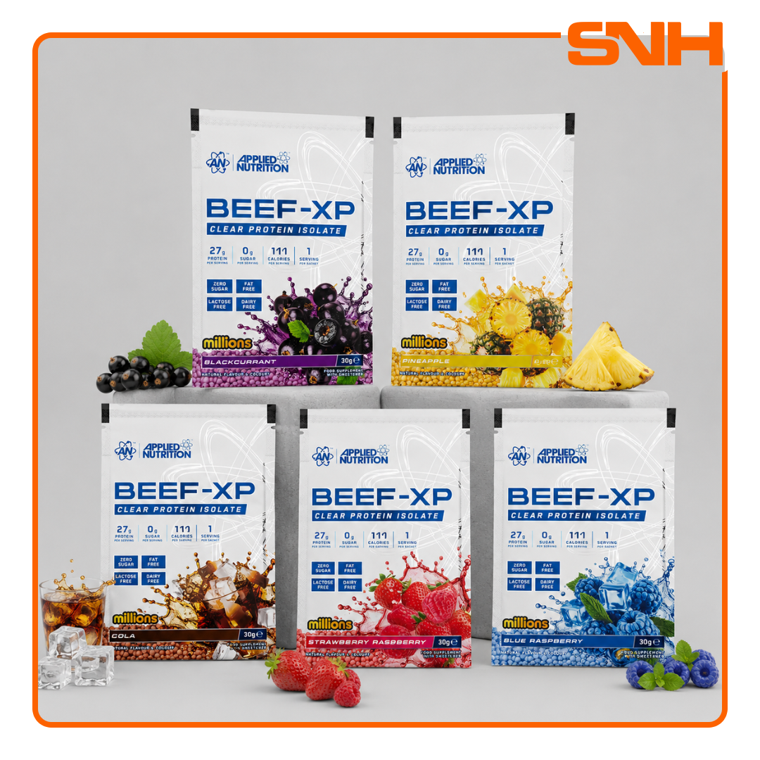Applied Nutrition Beef-XP Clear Beef Protein Sample Sachet, UK-made halal dairy-free clear isolate protein sample with 27g hydrolysed beef