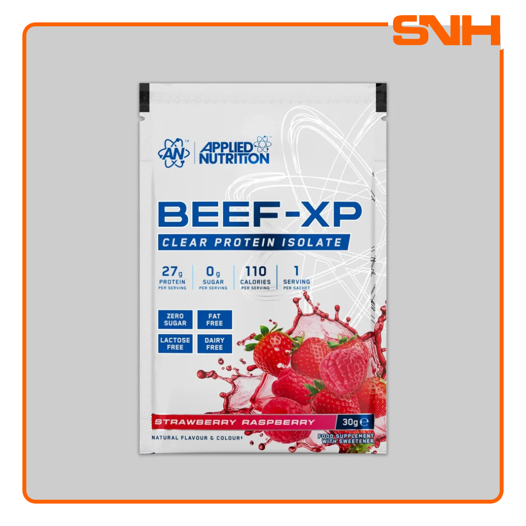 Applied Nutrition Beef-XP Clear Beef Protein Sample Sachet, UK-made halal dairy-free clear isolate protein sample with 27g hydrolysed beef